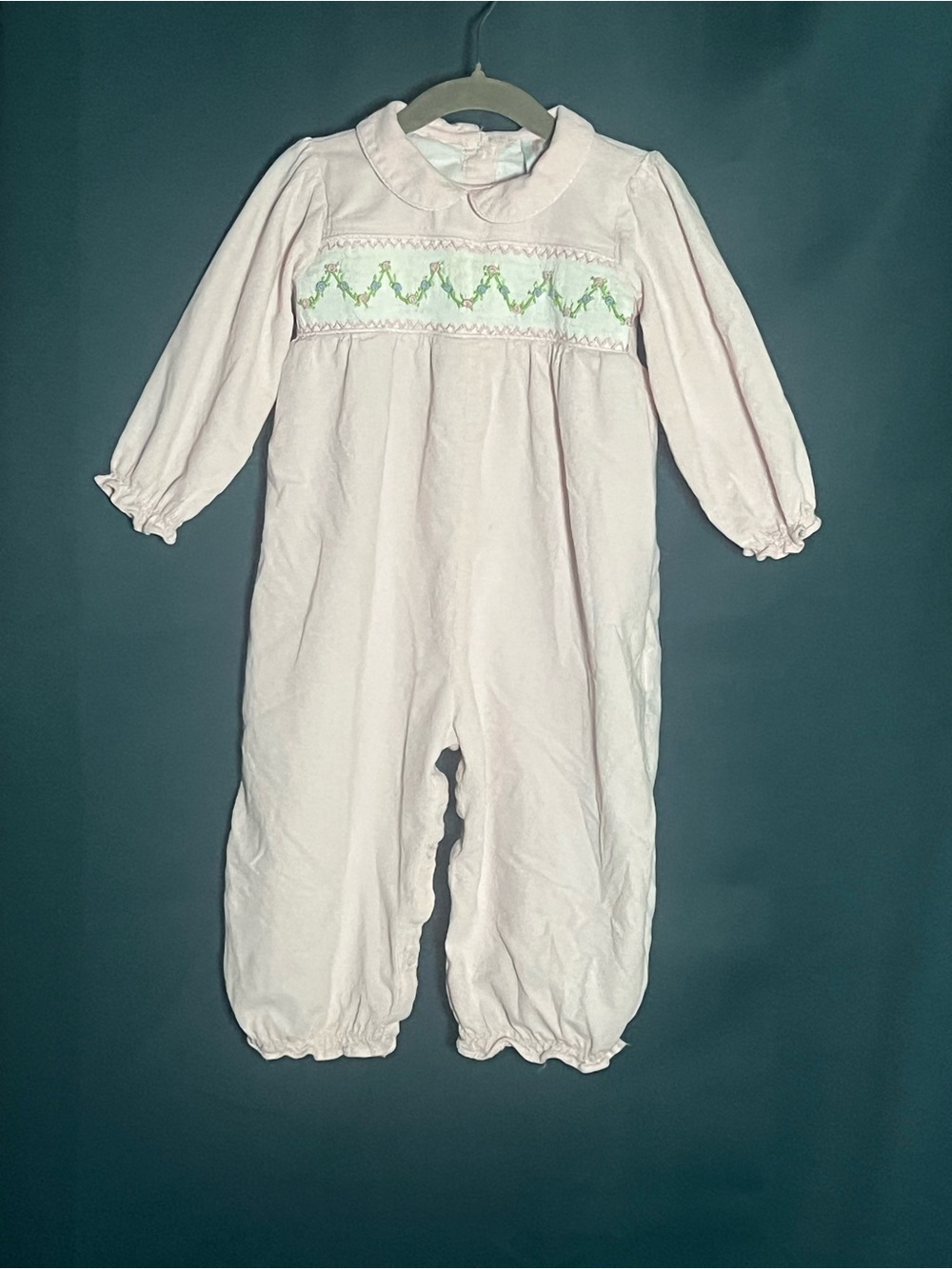 Cecil and Lou Light Pink Smocked One-Piece with Green Embroidery